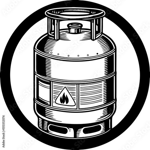 Liquefied gas container, black and white illustration, for industrial design