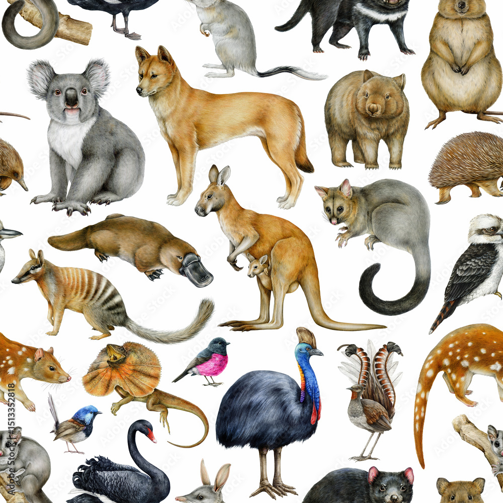 Fototapeta premium Australian birds and animals seamless pattern element. Hand drawn koala, kangaroo, dingo dog, quokka, platypus, kookaburra on white background. Australia fauna pattern on white background