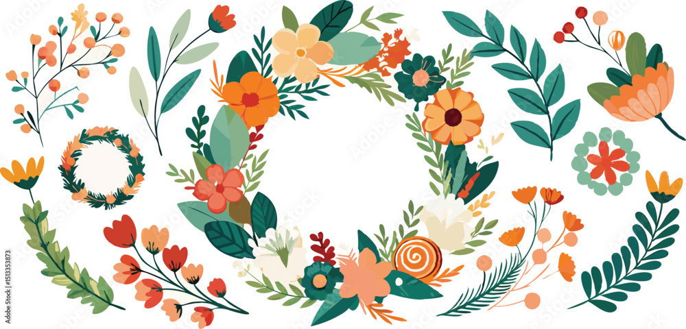 Obraz premium Vibrant Floral Wreath A Collection of Spring Blossoms and Botanical Elements
