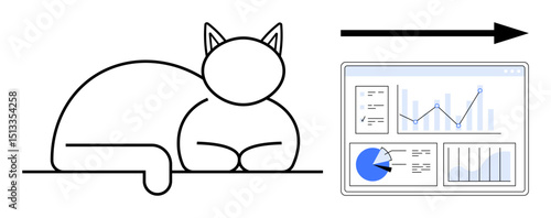 Cat lying calmly near an arrow indicating movement towards a statistical dashboard displaying charts, graphs, and analytics. Ideal for analytics, productivity, progress, pets, data, organization