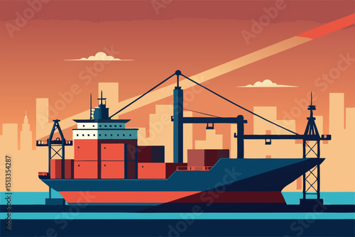 cargo ship at sunset