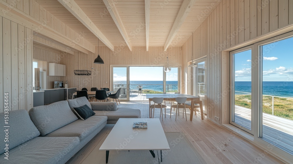 Fototapeta premium Seaside living room with large windows overlooking the ocean.