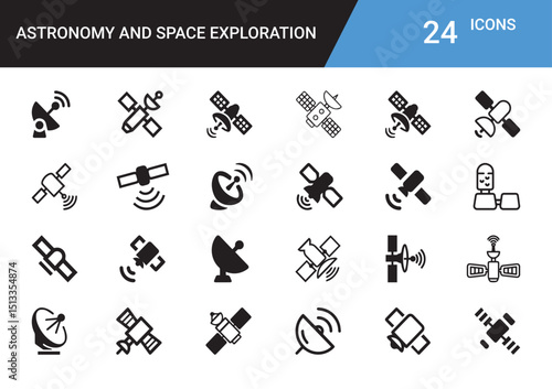 A Set of Astronomy and Space Exploration Icon: Featuring various satellite icon, radar and antenna for representing communication, data transmission and exploration purposes.