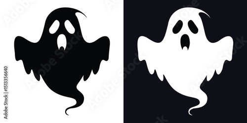 A spooky pair of black and white ghost illustrations, perfect for halloween, haunted house themes, or supernatural designs.