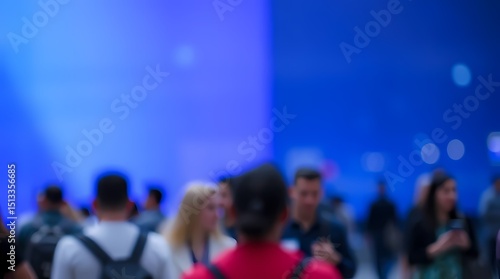 A blurred image of a crowd of people gathered in a large room with a bright blue wall in the background. There are white lights scattered throughout the image