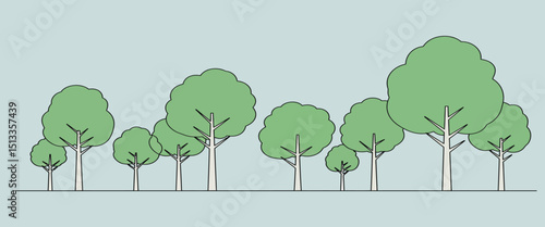 Flat vector of stylized deciduous tree line drawings, minimal side-view CAD style, architectural forest symbols for landscaping plan