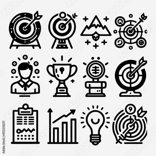 Collection of excellence pictograms and goal achievement icons for business success, personal development, and strategic progress. Business concept