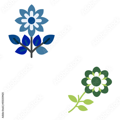 Minimal Vector Flower Icon Sheet – Flat Botanical Symbols in Elegant Blue & Green Hues.