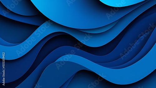 Abstract Blue Paper Cut Waves with Shadow Modern Minimalist Background Elegant Design Deep Blue Color Smooth Curves Artistic Wallpaper 3D Rendering