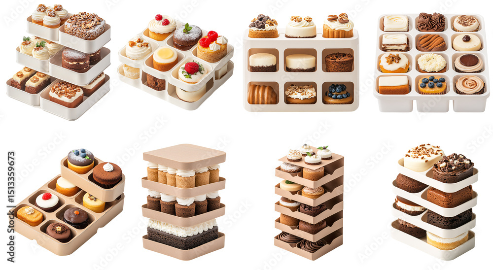 Collection of various A stackable cake packaging with separate compartments for multiple cakes isolated on white transparent background PNG set Collection of various A stackable cake packaging with separate compartments for multiple cakes isolated on white transparent background PNG set