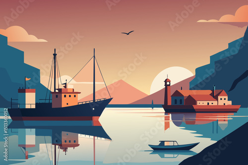 cargo ship at sunset