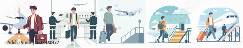 vector of a young man boarding a plane
