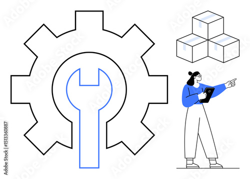 Giant gear with a wrench symbol, technician holding a tablet, and stacked boxes. Ideal for logistics, storage, maintenance, troubleshooting, workflow, technology and a simple landing page