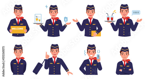 Cartoon flight attendant in various poses and actions on transparent background