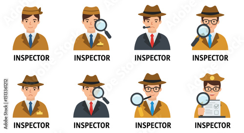 Cartoon Inspectors with Hats Magnifying Glasses and Various Expressions