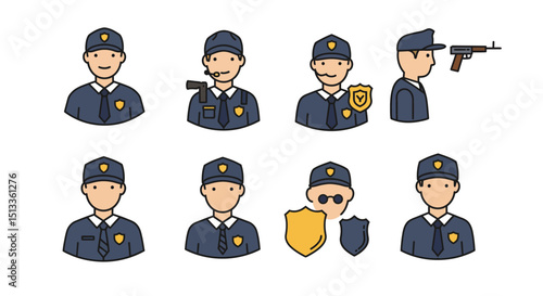 Cartoon Security Guards and Police Officers with Accessories and Weapons
