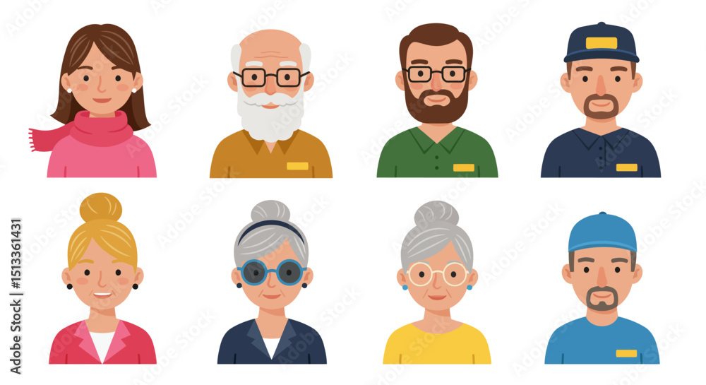 Diverse Cartoon People Eight Head and Shoulder Portraits with Varied Ages and Styles Diverse Cartoon People Eight Head and Shoulder Portraits with Varied Ages and Styles