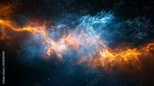 Dramatic cosmic nebula formation with orange and blue energy in deep space
