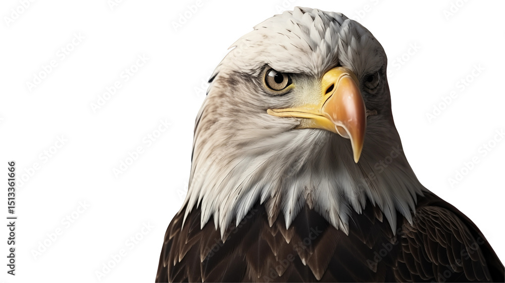 Obraz premium Bald eagle with American flag backdrop, powerful national symbol, wildlife portrait, freedom nature image, USA bird of prey, isolated on transparent background.