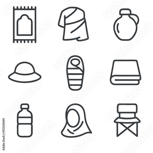 Nine line art icons of camping items; suitable for outdoor adventure websites, camping gear stores, or campground brochures and flyers.