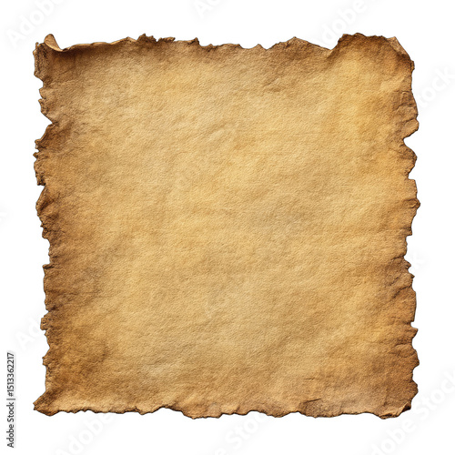 Aged, rectangular parchment.  Frayed edges, tan-colored, textured surface