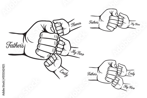 Father's Day Fist Bump Line Art – Dad and Kids Hand Drawn Tattoo Style Graphic