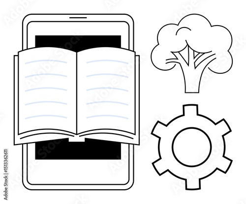 Open book on smartphone screen, stylized tree, and gear symbolizing digital learning, knowledge, growth, education, sustainability, technology creativity innovation. Ideal for online courses