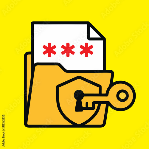An image depicts a folder with a file obscured by asterisks protected by a shield  key on a yellow backdrop
