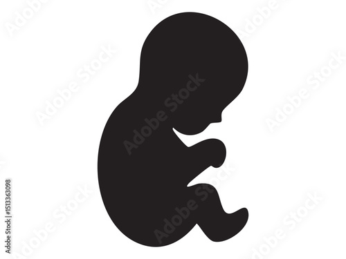 Minimalist black silhouette icon of unborn baby fetus in curled position isolated on white background. Concept of pregnancy, newborn, prenatal care, motherhood, medical illustration