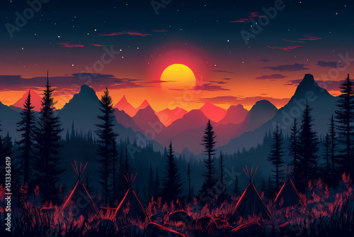 Sunset Encampment: A Mountain Scene with Pine Trees and Teepees Under a Fiery Evening Sky.