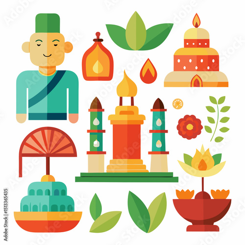 Poson Poya Day Vector Set – Sri Lanka Buddhist Festival Icons, Pilgrimage and Full Moon Ritual Illustrations