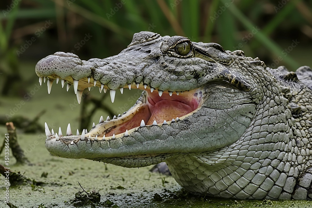Fototapeta premium Powerful Crocodile with Open Jaws in Swamp