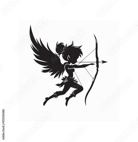 Wallpaper Mural Little fairy archer with bow and arrow Silhouette vector isolated on white background. Torontodigital.ca