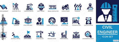 Civil Engineering Icon Set Construction, Surveying, Blueprint, Site Plan & Equipment Icons