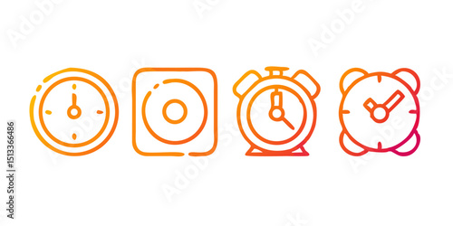 Time and clock color line icons.Simple Line Art Icons of Different Timekeeping Devices Vector linear icon set.a clock, a digital clock, and an alarm clock.