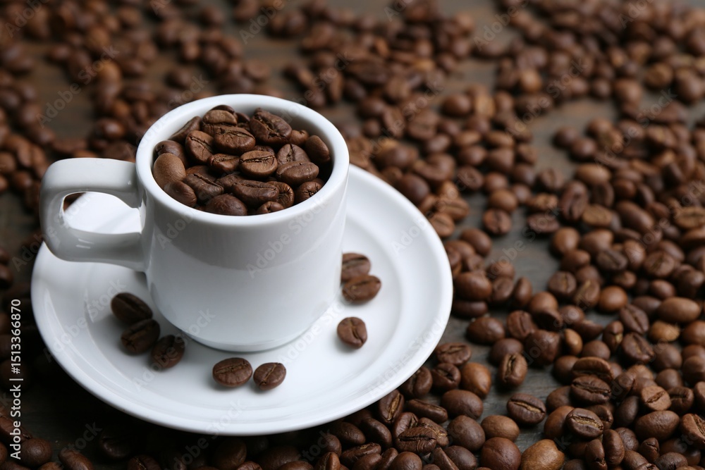 Obraz premium Aromatic coffee beans, cup and saucer on table, closeup. Space for text