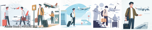 vector of a young man boarding a plane