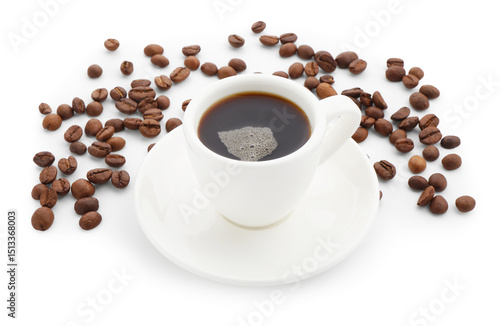 Aromatic coffee in cup and beans isolated on white