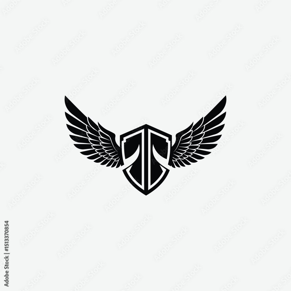 Obraz premium Stylized black and white logo with shield and symmetrical wings. A modern, bold emblem symbolizing strength, protection, and freedom with a clean, striking design.