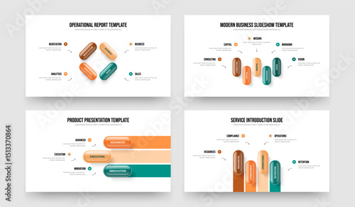 Digital Review 4 5 3 4 Step Infographic Slide Template Set. Professional Showcase Four Five Three Four Element Diagram Frame Design Vector Illustration Bundle.