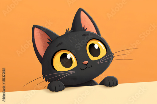 ute Cartoon Black Cat with Big Eyes on Orange Background