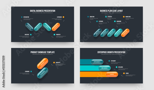 Service Development Four Five Two Three Element Diagram Slideshow Template Vector Illustration Bundle. Project Innovation 4 5 2 3 Option Infographic Presentation Layout Set.