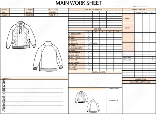 RAGLAN HIGH-NECK LONG SLEEVE FRONT PART DESIGN SPEC SHEET ILLUSTRATION FOR FASHION DESIGN