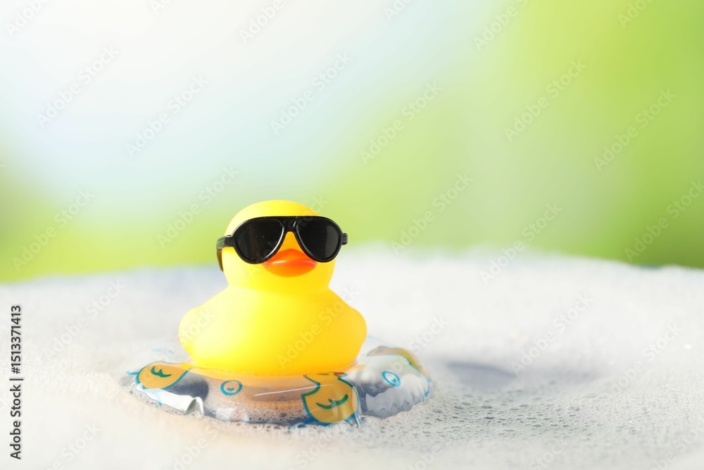 Obraz premium Cute rubber duck floating in water with bubbles against blurred green background, closeup