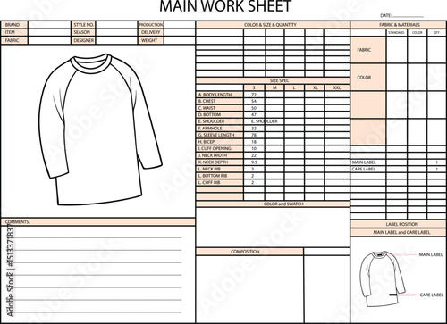 RAGLAN ROUND ECK LONG SLEEVE SPEC SHEET ILLUSTRATION FOR FASHION DESIGN