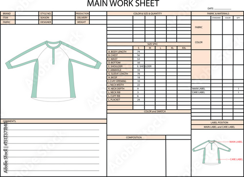 RAGLAN ROUND NECK MULTI COLOR SPEC SHEET ILLUSTRATION FOR FASHION DESIGN