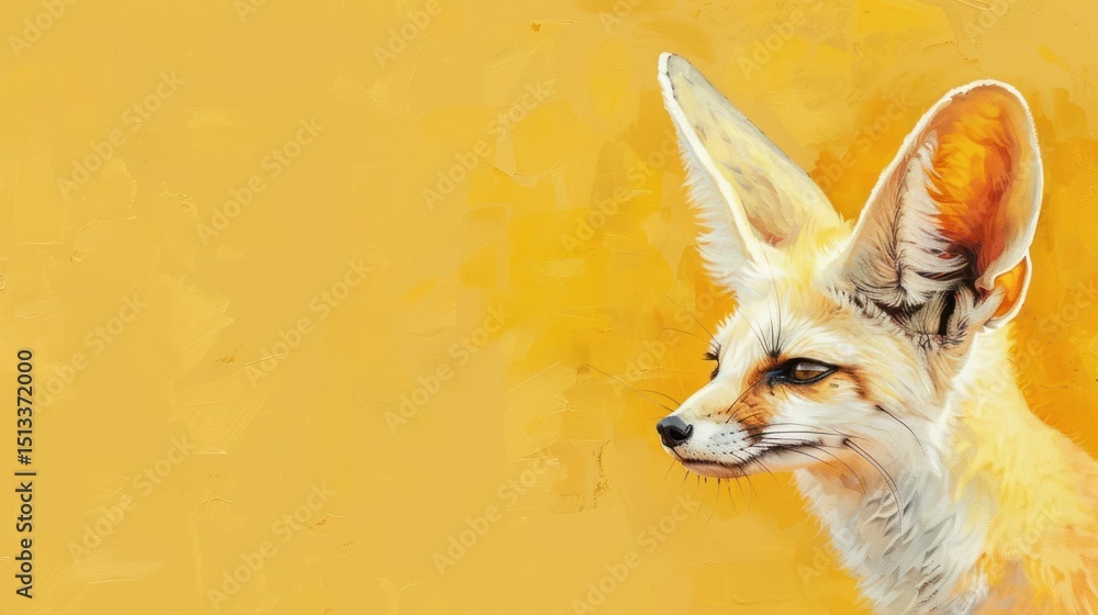 Fototapeta premium Desert Fox Portrait Close-up on Warm Yellow Background with Copy Space, Wild Animal Illustration, Nature Wildlife Art, Detailed Fox Face, Desert Wildlife Concept