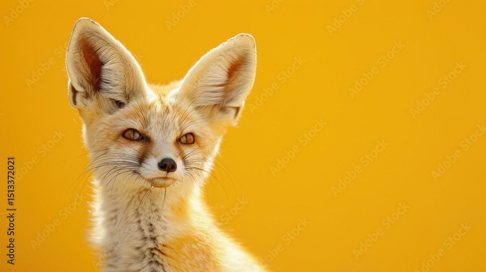 Fototapeta premium Desert Fox Close-Up Portrait with Intense Eyes and Warm Yellow Background, Wild Animal Photography with Copy Space, Wildlife Nature, Fox Face Detail