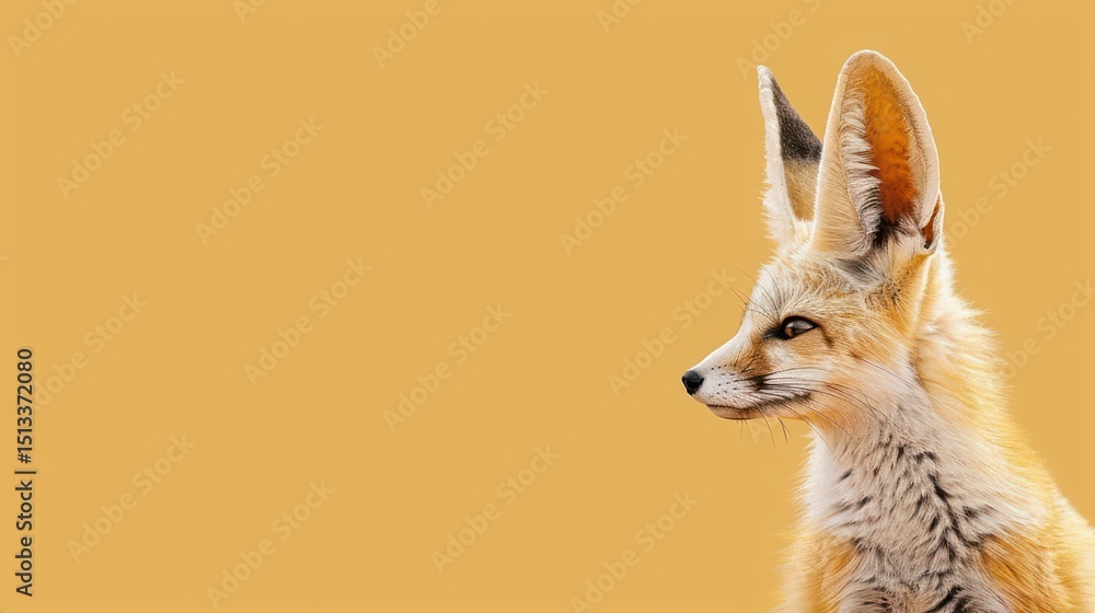 Fototapeta premium Desert Fox Profile with Intense Gaze and Soft Fur Texture on Warm Yellow Background, Wildlife Animal Portrait with Copy Space, Nature Photography