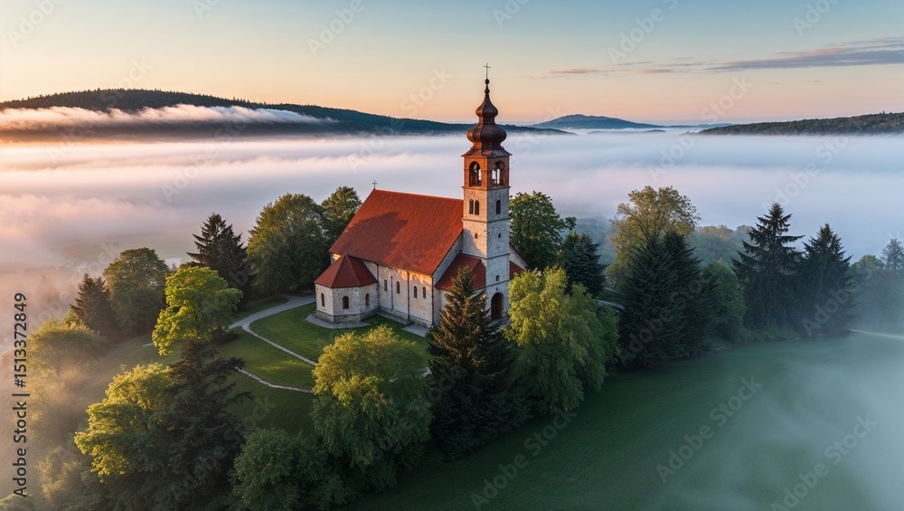 Fototapeta premium Peaceful church enveloped in morning fog and lush trees.